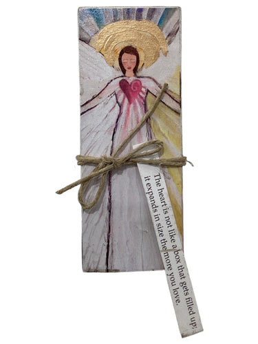 Small Wood Block Angel - The heart is not like a box that gets filled up; it expands in size the more you love.