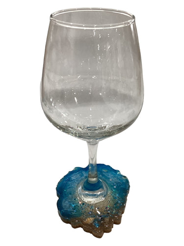 Beachy Wine Glass with Built-In Coaster - Blue