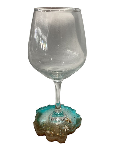 Beachy Wine Glass with Built-In Coaster - Teal w/ Starfish & Sea Shells