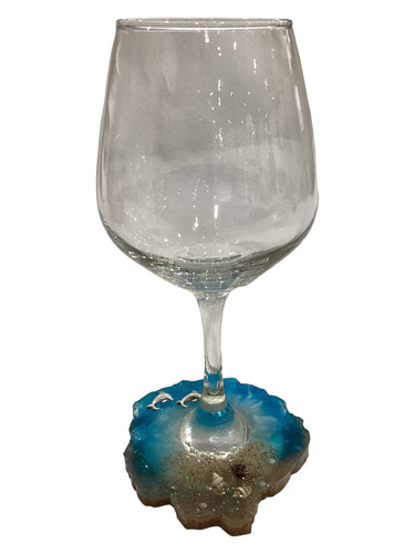 Beachy Wine Glass with Built-In Coaster - Blue w/Shells & Dolphins