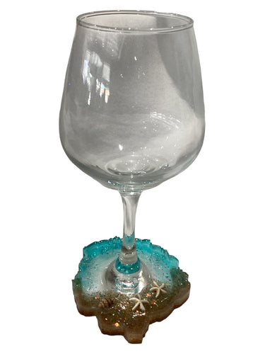 Beachy Wine Glass with Built-In Coaster - Teal w/ Starfish & Sea Shells