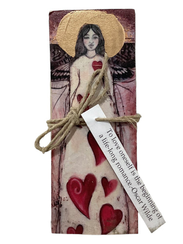 Small Wood Block Angel - To love oneself is the beginning of a life-long romance. - Oscar Wilde