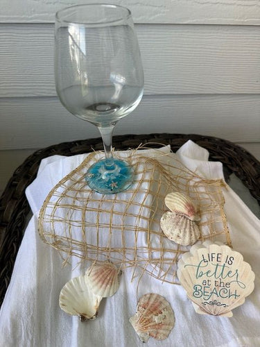 Wine Glass with Ocean Blue Bottom w/Turtle & Starfish