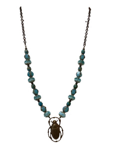 Turquoise & Gold Necklace with Scarab - 22"