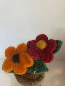 Felted Wool "Daisies in Pot" Ornament - Red & Orange