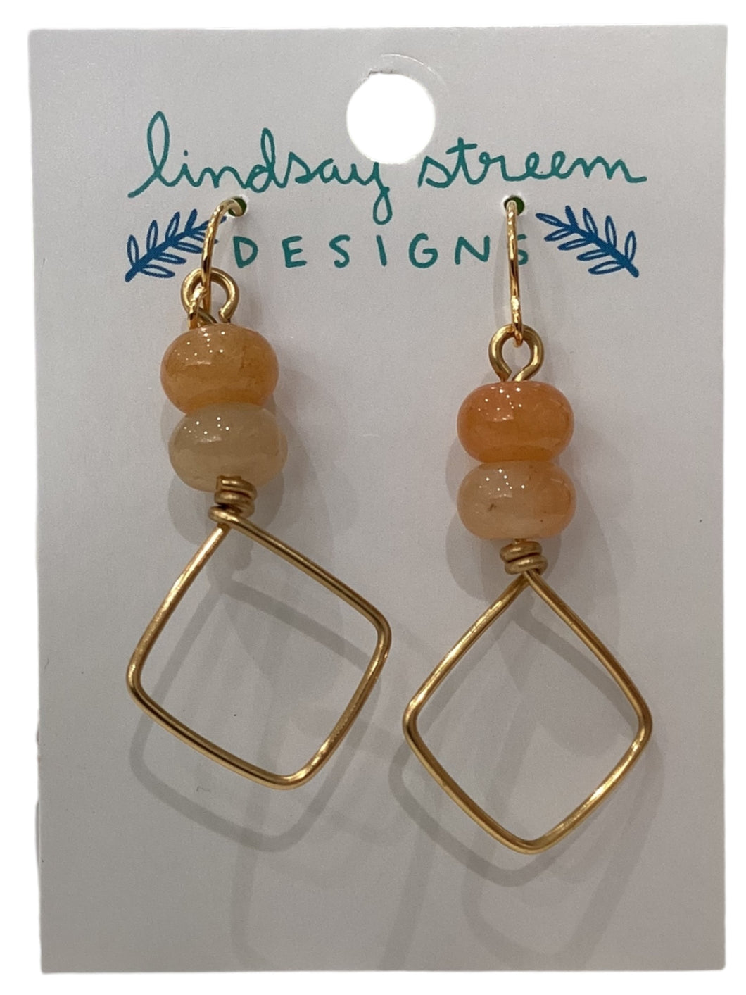 Square Gold Loop Earrings with Red Aventurine