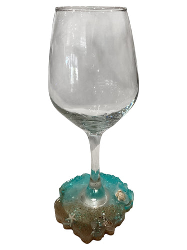 Beachy Wine Glass with Built-In Coaster - Aqua w/ Turtle & Starfish