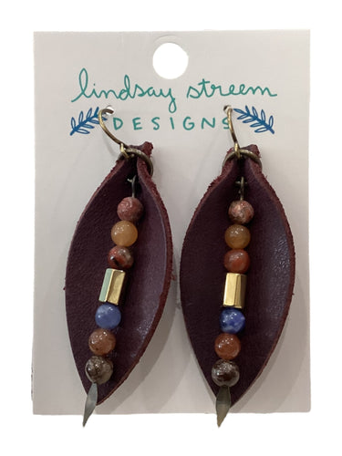 Leather Leaf Earrings with Stones - Purple