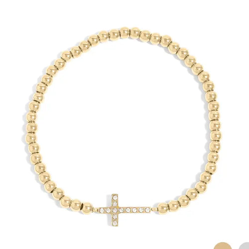 18K Gold PVD Cubic Zirconia Cross Beaded Stretch Bracelet