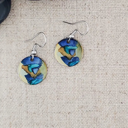 Alcohol Ink Stainless Steel Small Circle Earrings - Blue/Browns