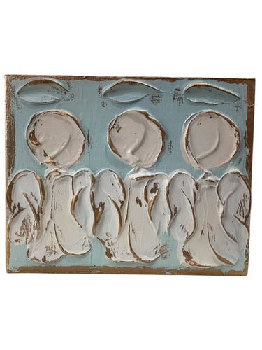Angel Trio Hand Painted Textured Wood Block - Blue