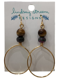 Large Gold Earrings with Tiger Eye & Ruby Zoisite