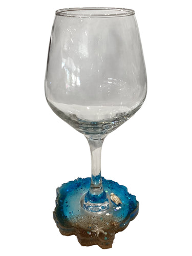Beachy Wine Glass with Built-In Coaster - Blue w/ Turtle & Starfish