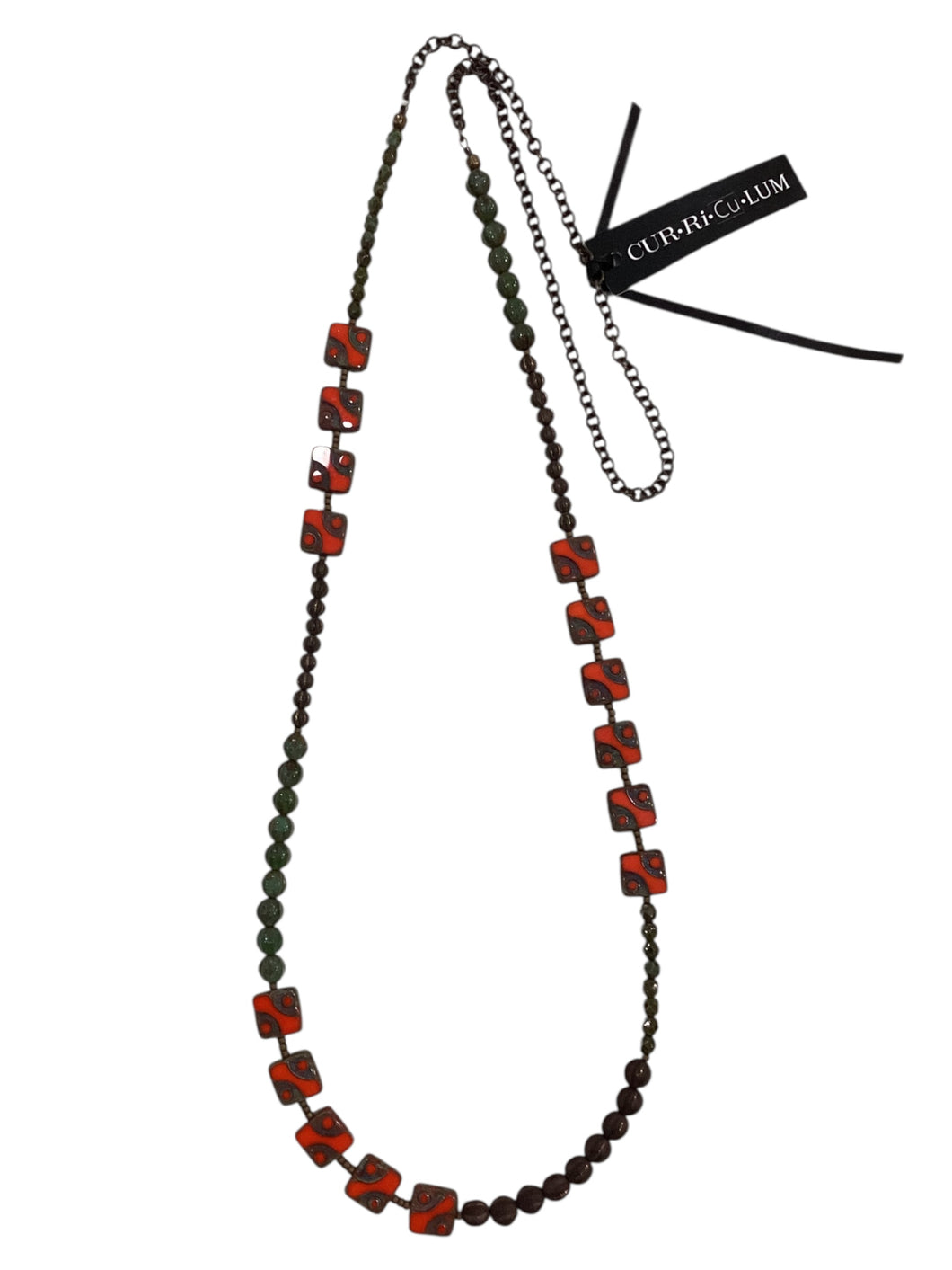 Orange Funky Square with Green Czech Glass Necklace