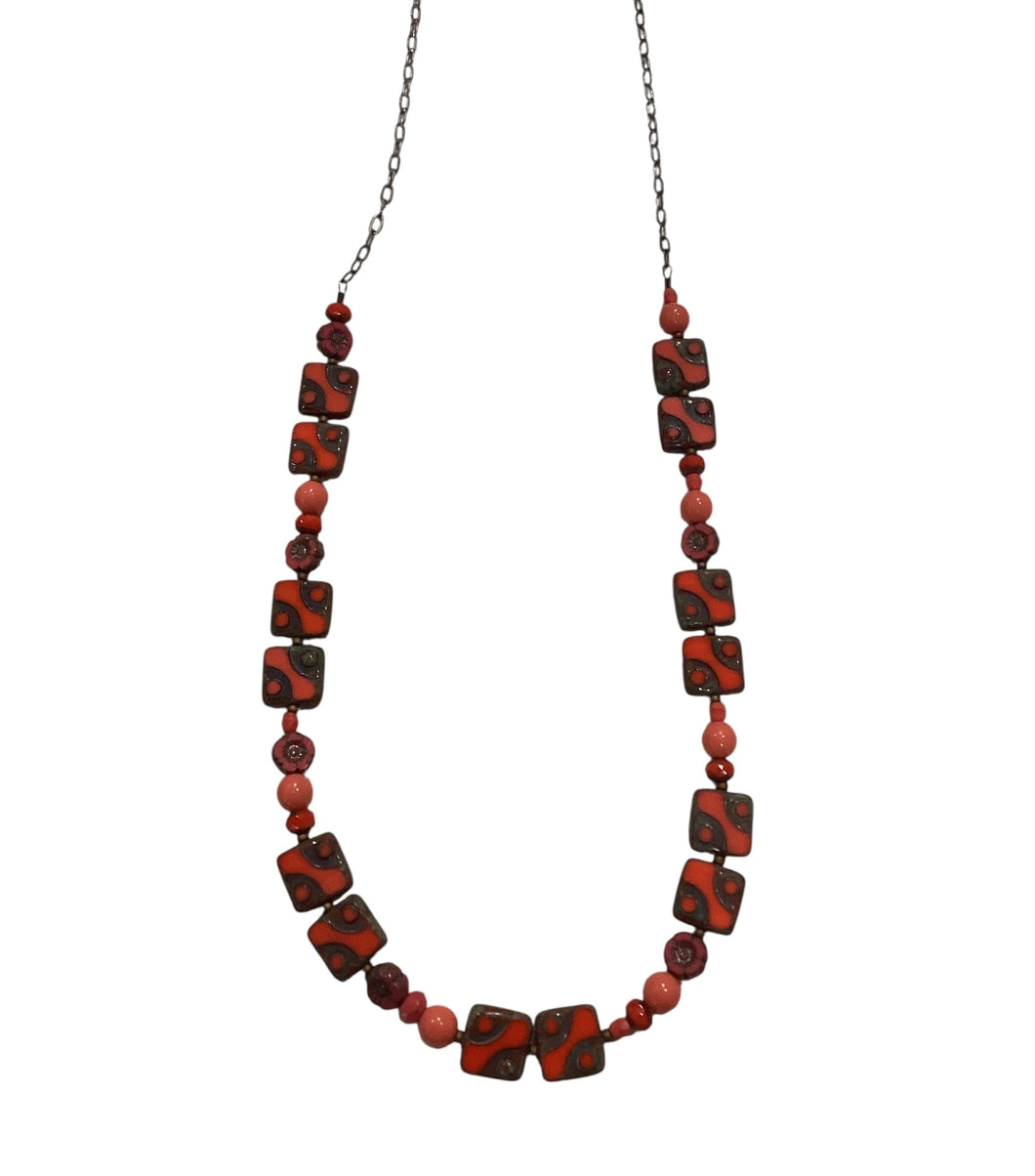 Orange Square + Coral Mixed Czech Glass Necklace