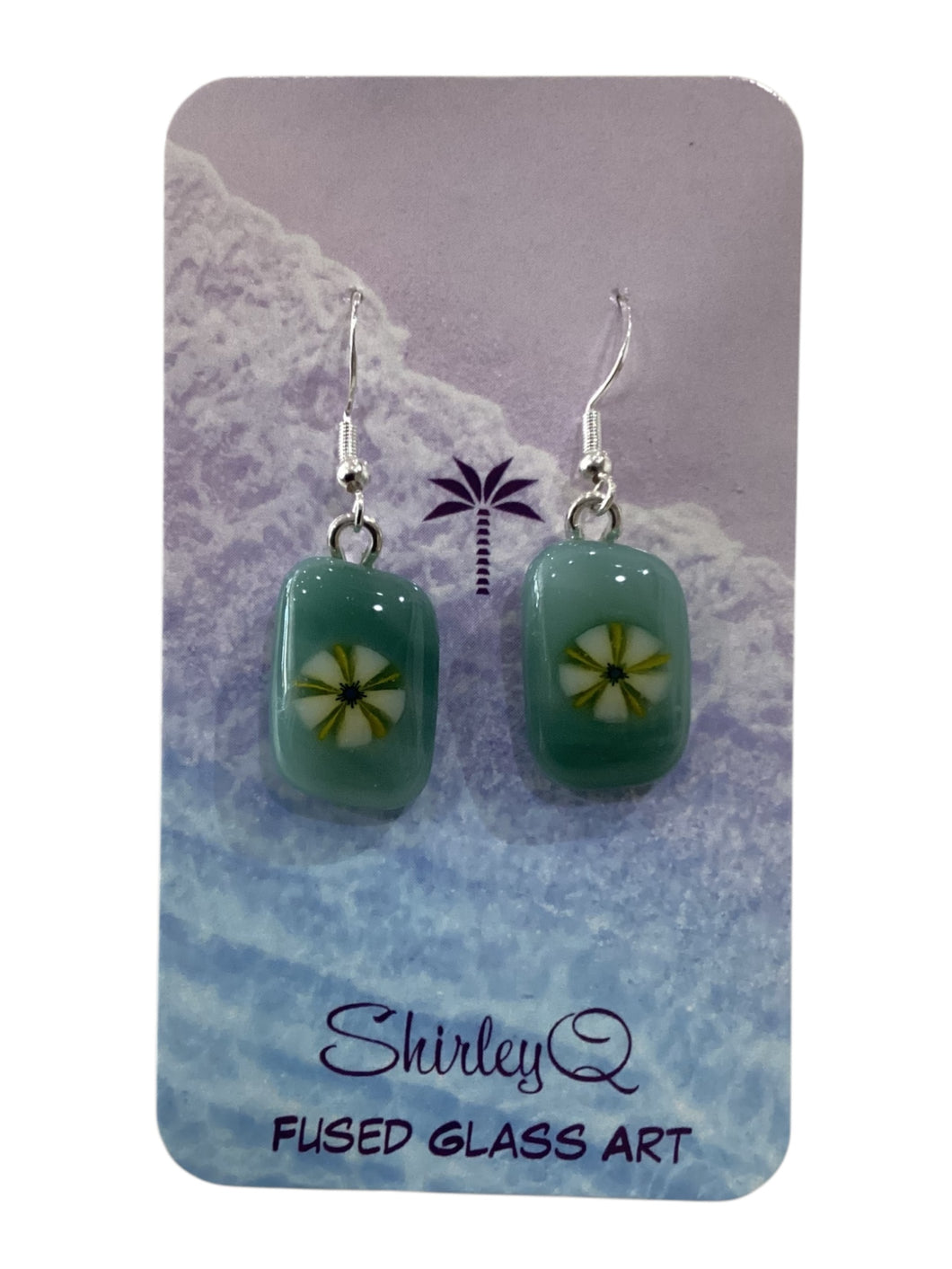 Small Dangle Earrings - Teal with Yellow/White Flower