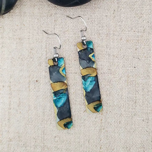 Alcohol Ink Stainless Steel Thin Rectangle Earrings - Black