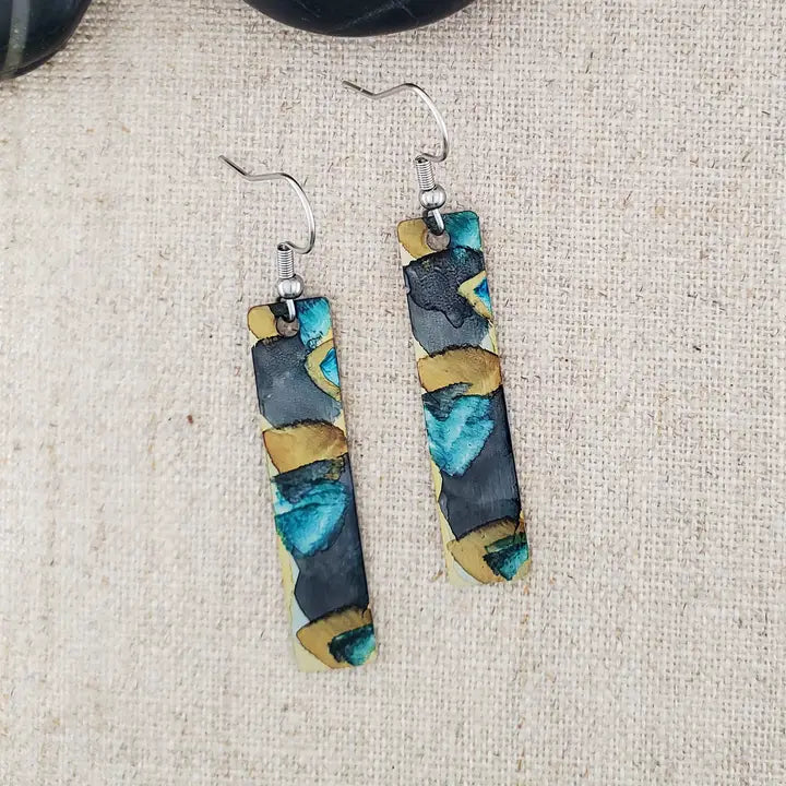 Alcohol Ink Stainless Steel Thin Rectangle Earrings - Black