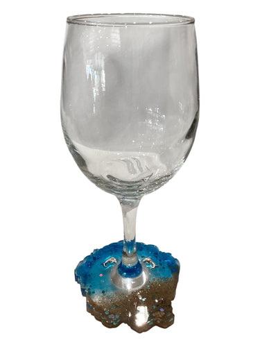 Beachy Wine Glass with Built-In Coaster - Blue w/ Dolphins