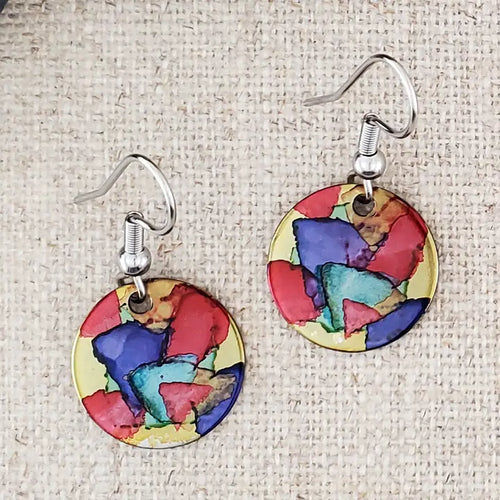 Alcohol Ink Stainless Steel Small Circle Earrings - Reds