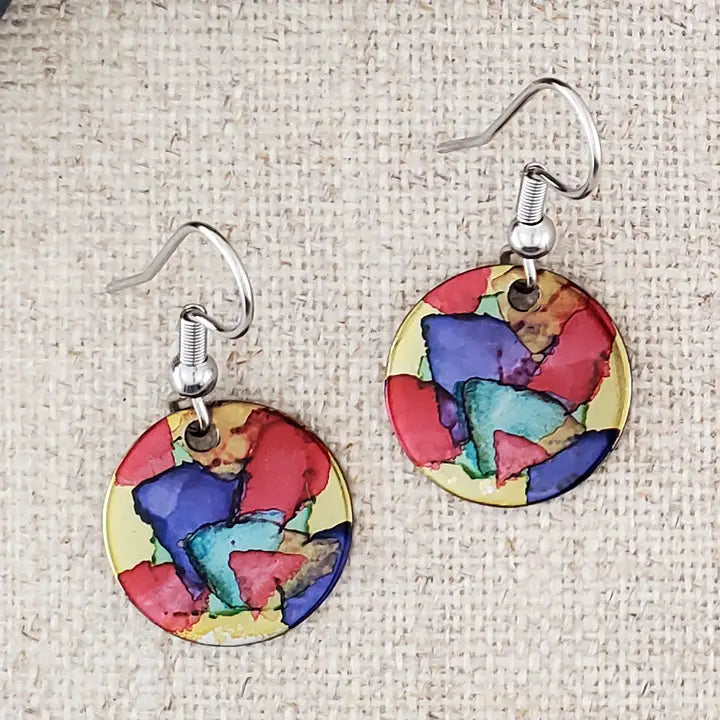 Alcohol Ink Stainless Steel Small Circle Earrings - Reds