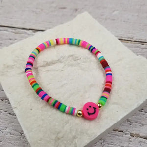 Smiling Face Rainbow Heishi Bracelet - Pink