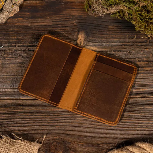 Genuine Leather Handmade Bifold Wallet - Brown
