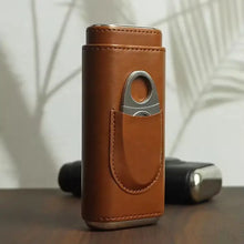 Genuine Leather Cigar Case, Wood Lined Humidor with Cutter - Brown