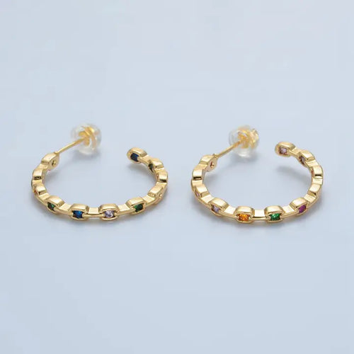 24K Gold Filled Multicolor Cubic Zirconia C-Shaped Hoops