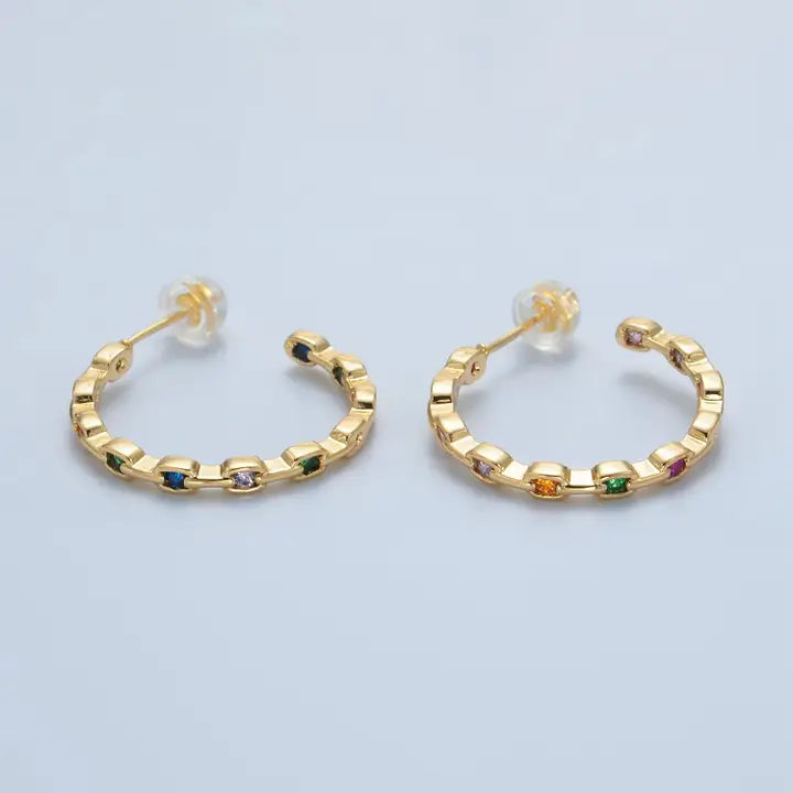 24K Gold Filled Multicolor Cubic Zirconia C-Shaped Hoops