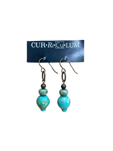 Teal Faceted Large Round Bead with Teal Bead and Brass Bead Earrings