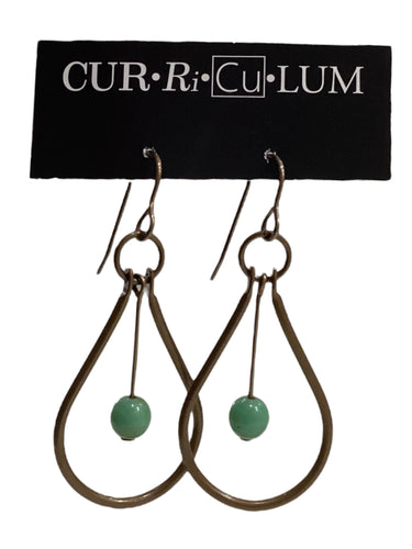 Green Czech Glass with Brass Tear Drop Earrings