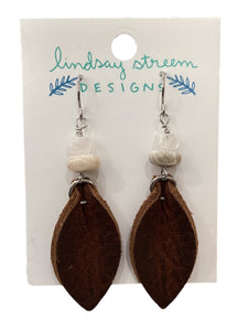 Brown Leather Petal Earrings with Fossilized Coral & Quartz