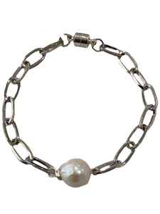 Silver Paperclip Chain Bracelet with Pearl