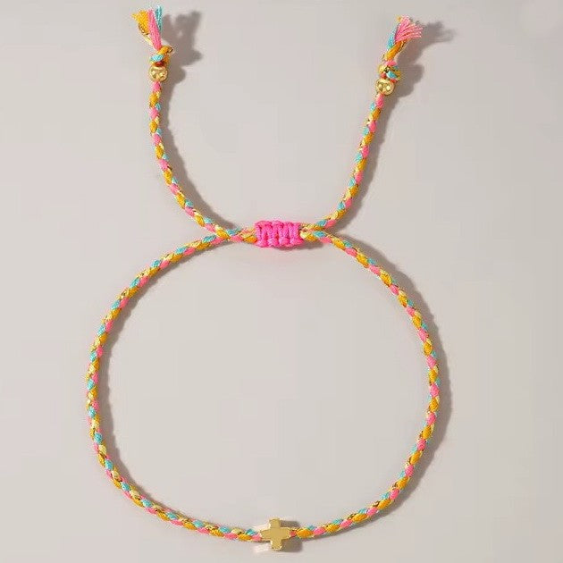 18K Stainless Steel Corded Cross Charm Bracelet - Orange