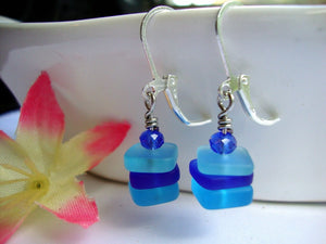 Stacked Square Shaped Light Blue Sea Glass Earrings - Blue/Blue