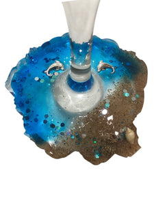 Beachy Wine Glass with Built-In Coaster - Blue w/ Dolphins