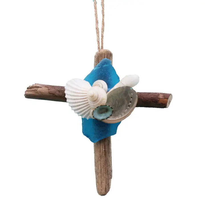 Driftwood Cross Ornament with Sea Glass - Light Blue