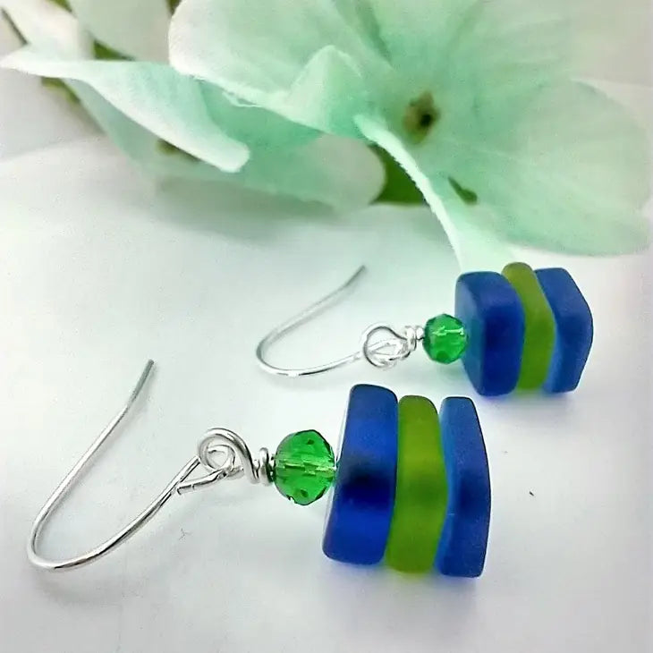 Triple Square Sea Glass Earrings - Dark Blue/Green