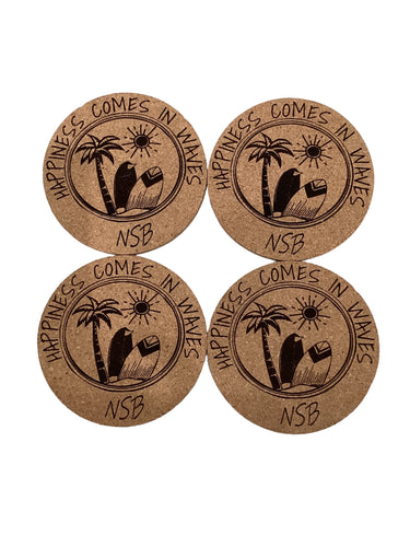 Cork Coaster Set - Happiness Comes in Waves