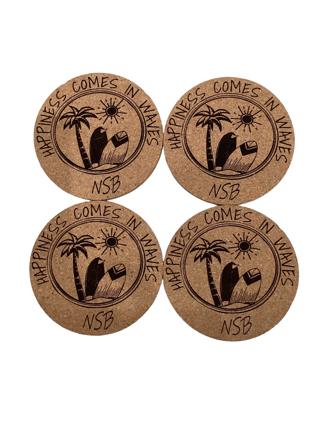 Cork Coaster Set - Happiness Comes in Waves NSB