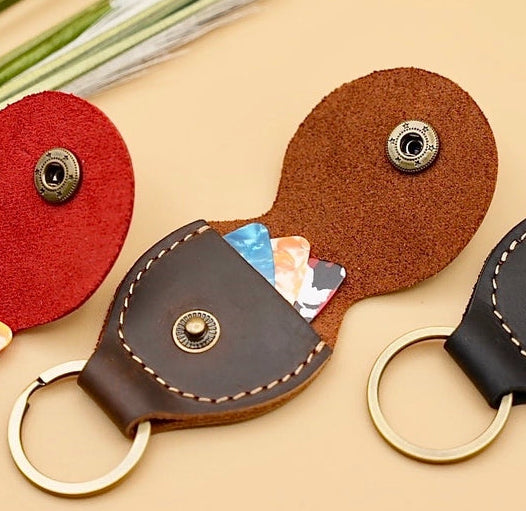 Genuine Leather Guitar Pick Holder and Keychain Organizer - Dark Brown