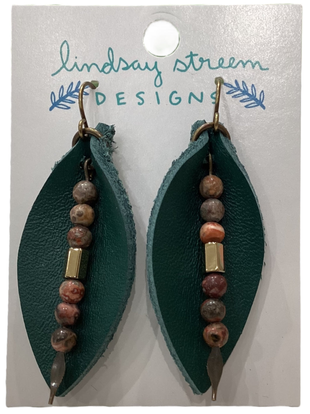 Leather Leaf Earrings with Stones - Jade & Jasper