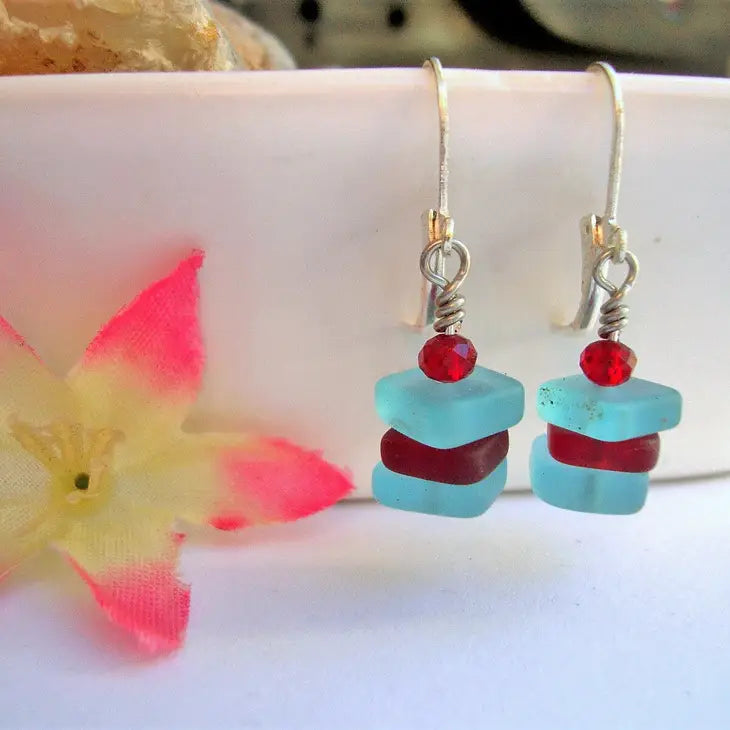 Triple Square Sea Glass Earrings - Light Blue/Red