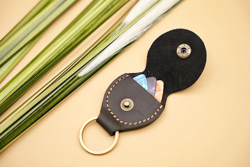 Genuine Leather Guitar Pick Holder and Keychain Organizer - Black