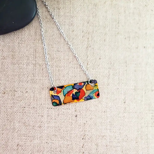 Alcohol Ink Copper & Stainless Steel Bar Necklace - Reds