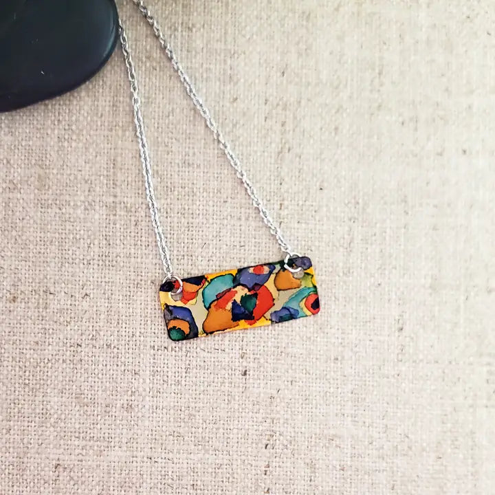 Alcohol Ink Copper & Stainless Steel Bar Necklace - Reds