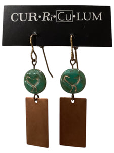 Copper Stamped Bird on Green Czech Glass with Copper Rectangle Earrings