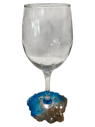 Beachy Wine Glass with Built-In Coaster - Blue w/ Dolphins
