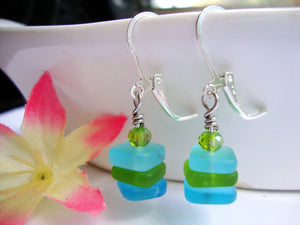 Stacked Square Shaped Light Blue Sea Glass Earrings - Blue/Green